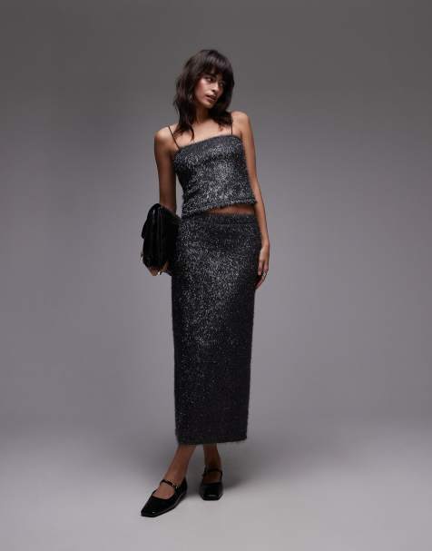 Topshop – Midirock in Stahlgrau mit Lametta-Struktur - view 1