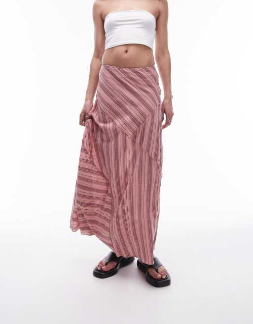 Topshop – Midirock mit Cutabout-Streifen in verwaschenem Rosa/Bunt