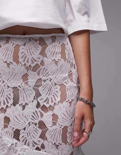 Topshop - Midirok met kanten buitenkant en ruches in wit, 2 van 4
