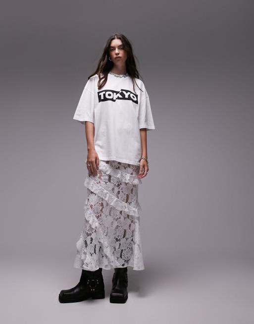 Topshop - Midirok met kanten buitenkant en ruches in wit, 3 van 4