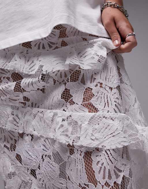Topshop - Midirok met kanten buitenkant en ruches in wit, 4 van 4