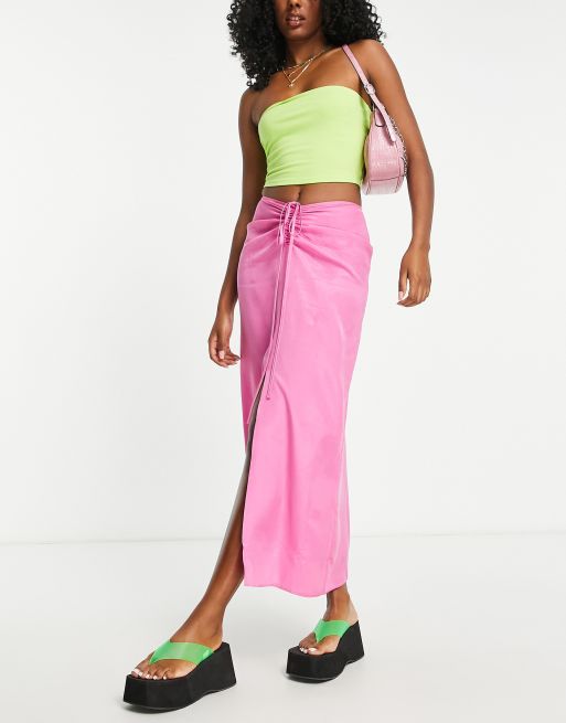 Topshop - Midirok met rimpeleffect met trekkoord in de taille in roze , 3 van 4