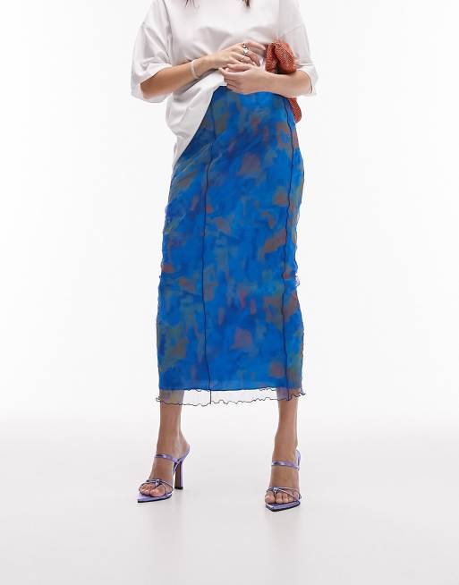 Topshop - Midirok van kreukelstof met naden en abstracte print in blauw 