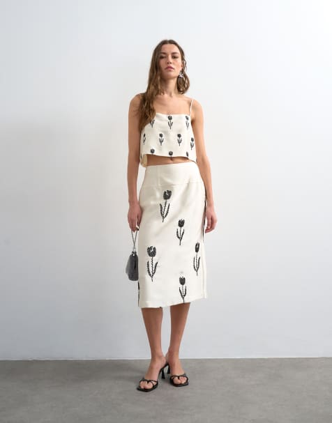 Topshop - Midirok van satijn met borduursels in crème - view 1