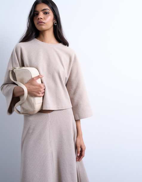 Topshop – Miękki T-shirt z bardzo szerokimi krótkimi rękawami w kolorze taupe, część zestawu - view 1