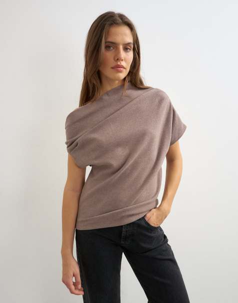 Topshop miękki top z obniżoną linią ramion w kolorze oat - view 1