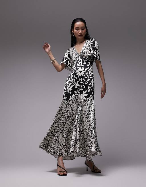Topshop – Mieszaj i łącz – Czarno-biała satynowa sukienka midi we wzór