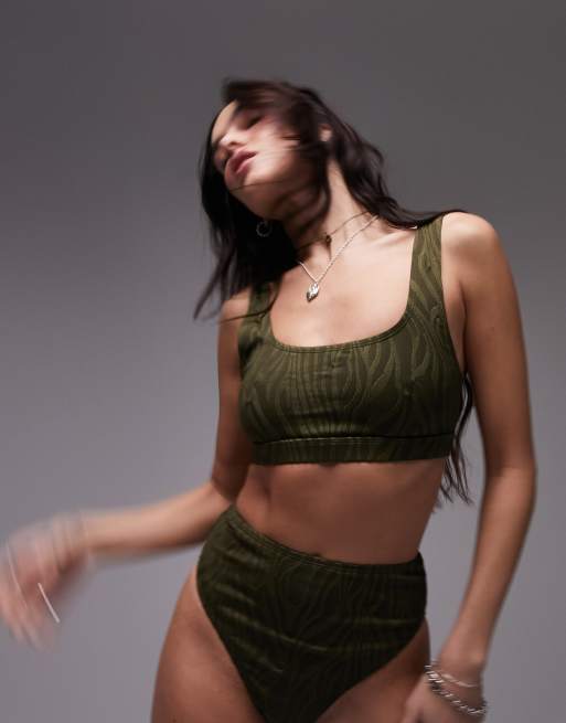 Topshop – Mieszaj i łącz – Teksturowana góra od bikini w kolorze khaki w tygrysie paski