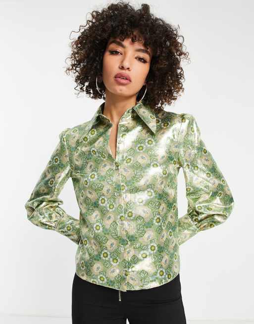 Topshop – Miętowa metaliczna koszula w kwiaty z kołnierzem w stylu lat 70. 