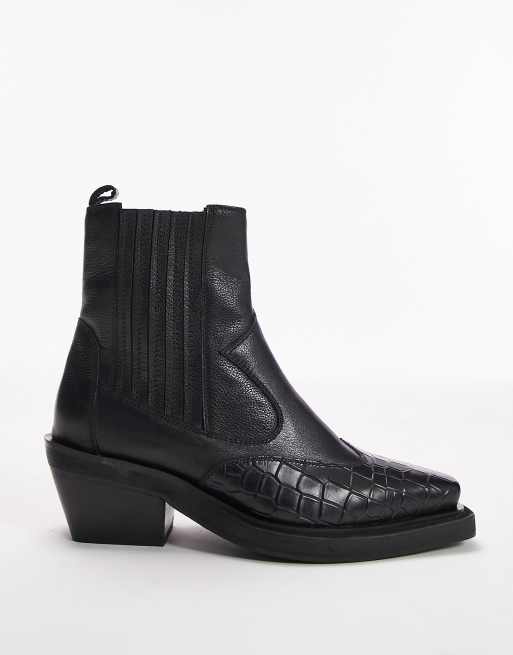 Topshop - Miffy - Leren Western enkellaarzen met brede pasvorm in zwart