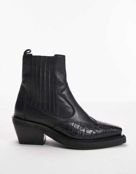 Topshop - Miffy - Stivaletti a pianta larga stile western in pelle nera - view 1