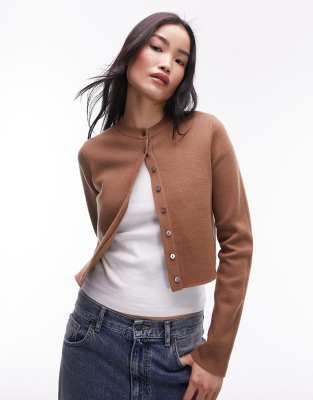 Topshop - Mikro-Strickjacke aus kompaktem Material in Camel-Brown