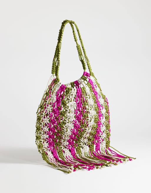 Topshop - Milan - Bolso mediano caqui a rayas con flecos de croché, 4 de 4