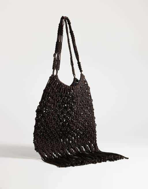 Topshop - Milan - Borsa media all'uncinetto color cioccolato con nappe