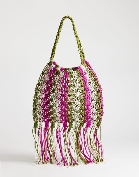Topshop – Milan – Mittelgroße, gehäkelte Tasche in gestreiftem Khaki mit Quasten - view 1