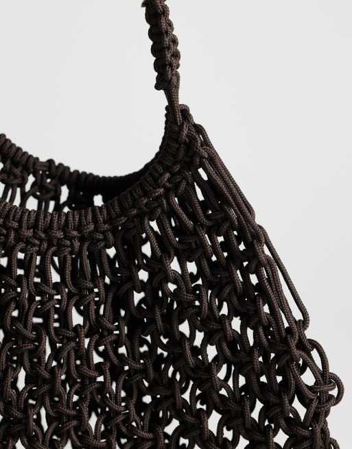 Topshop - Milan - Sac moyen en crochet avec pompons - Chocolat, 3 de 4