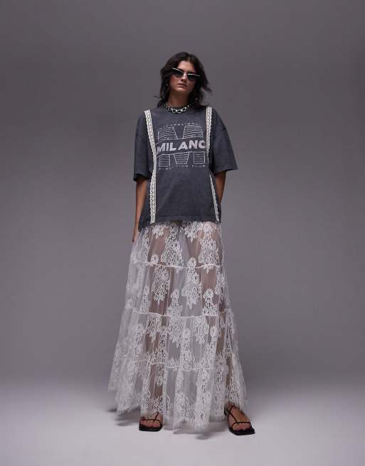 Topshop - Milano - T-shirt corta oversize antracite slavato con stampa e dettagli in pizzo