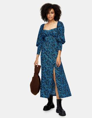 Topshop milkmaid midi dress in blue | ASOS