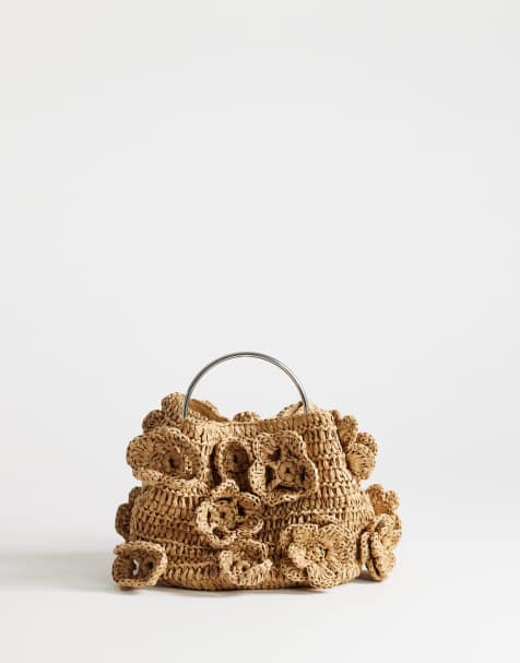 Topshop - Millie - Kleine handtas van stro met bloemen en metalen handvat in neutraal - view 1