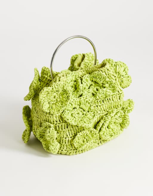 Topshop Millie small straw flower grab bag with metal handle in lime, 3 of 4