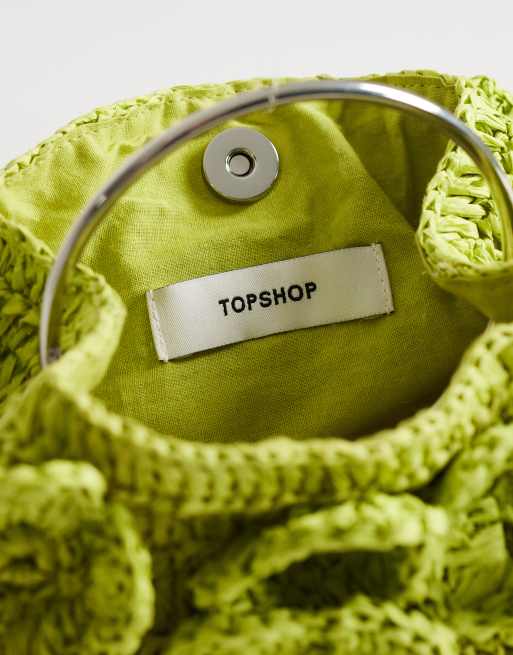Topshop Millie small straw flower grab bag with metal handle in lime, 4 of 4