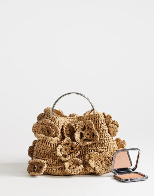 Topshop Millie small straw flower grab bag with metal handle in natural, 2 of 4