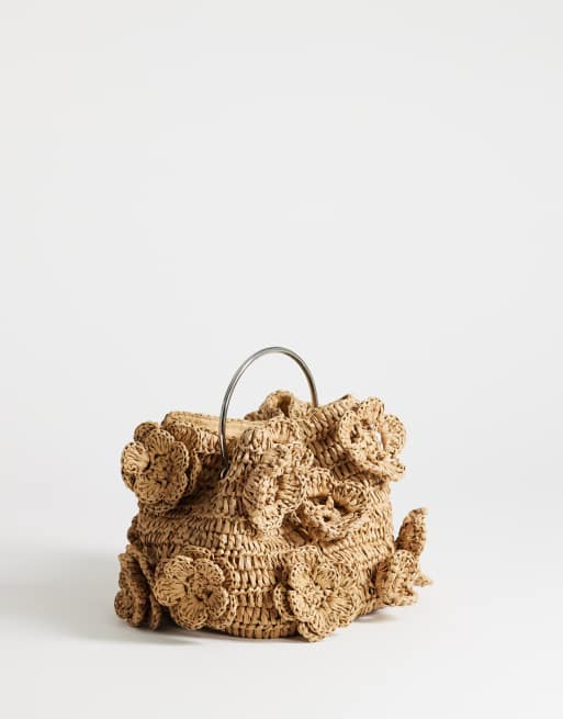 Topshop Millie small straw flower grab bag with metal handle in natural, 4 of 4