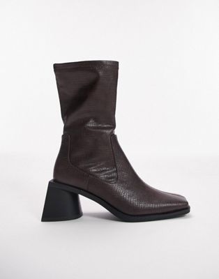 Topshop Millie square toe sock boot in brown