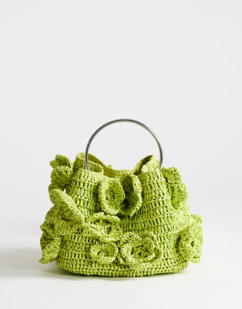Topshop Millie straw flower grab bag with metal handle in lime - view 1