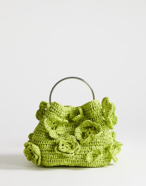 Topshop Millie straw flower grab bag with metal handle in lime | ASOS