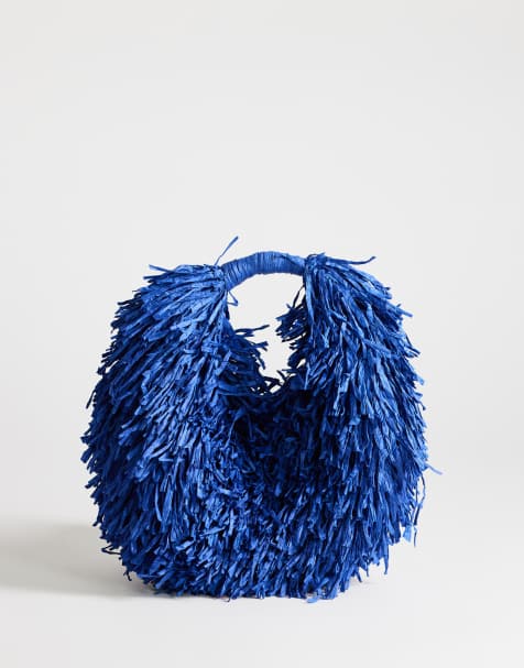 Topshop Milo medium straw fringe grab bag in cobalt - view 1
