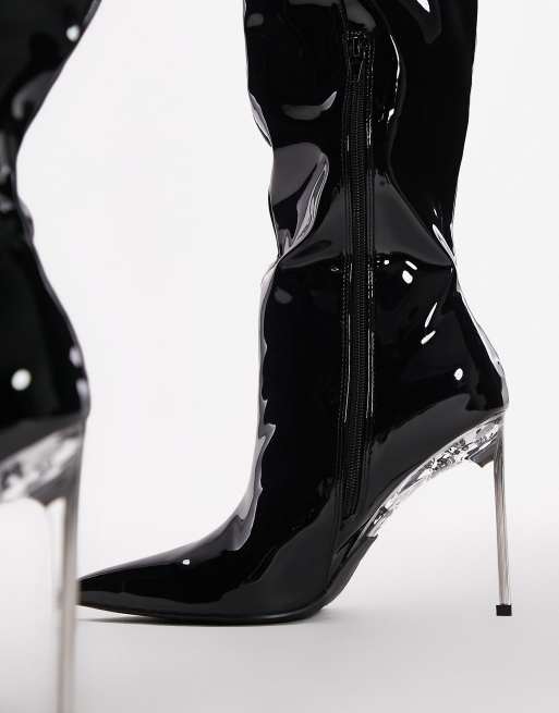 Topshop Milo thigh high metal heel boots in black