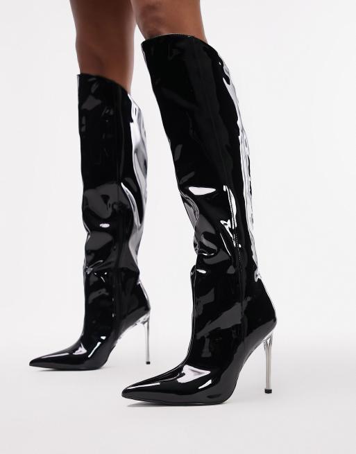 Topshop Milo thigh high metal heel boots in black ASOS