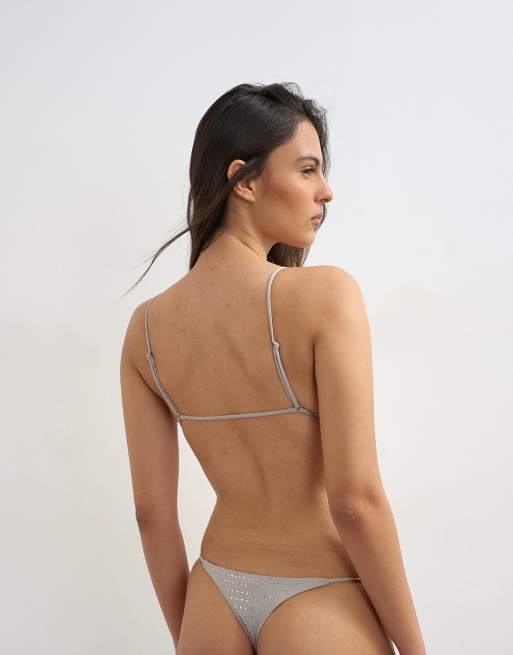 Topshop Mimi micro triangle bikini top with gems in grey, 3 of 4