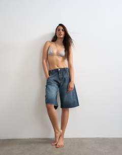 Model wearing Mimi micro triangle bikini top with gems in grey