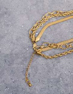 Model wearing Mina waterproof stainless steel multirow chain necklace in gold