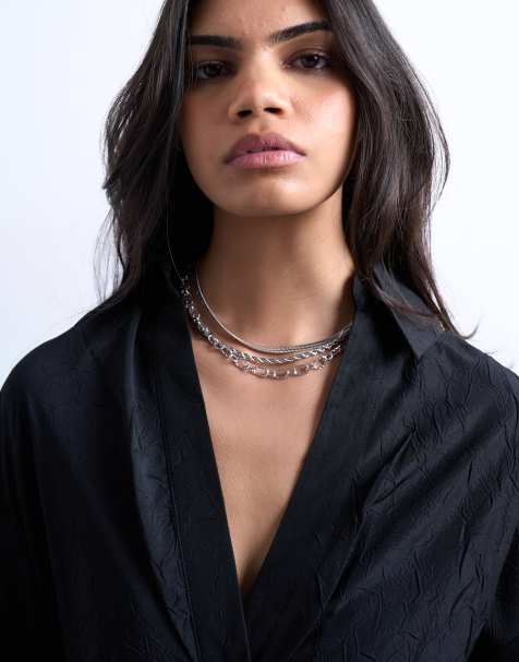 Topshop Mina waterproof stainless steel multirow chain necklace in silver - view 1