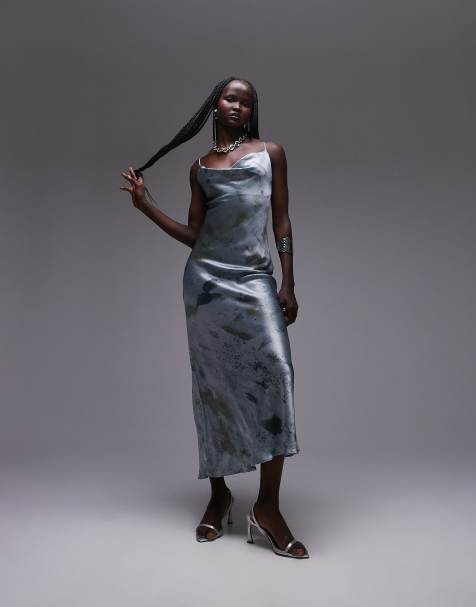 Topshop – Mineralmönstrad midi-slipklänning med draperad ringning - view 1