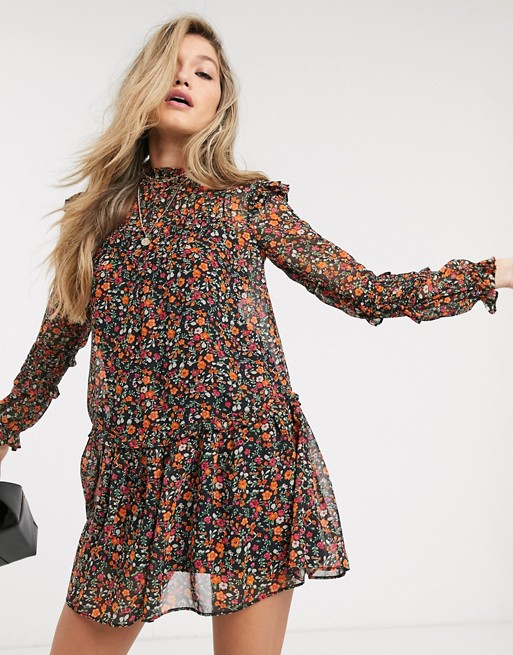 Topshop mini dress with pintuck detail in ditsy floral