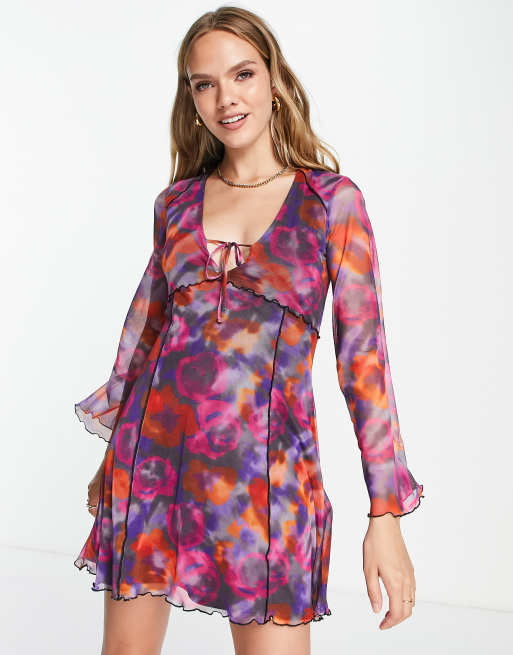 Topshop – Mini-Freizeitkleid aus Netzstoff mit Wellensaum in Rosa