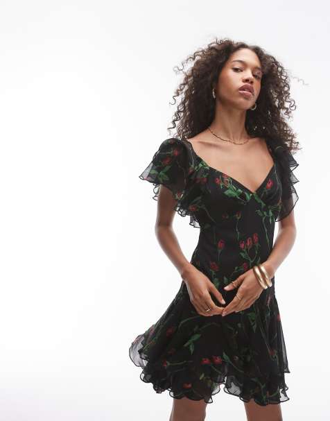 Topshop – Mini-Freizeitkleid in Schwarz mit Flügelärmeln und Rosenprint - view 1