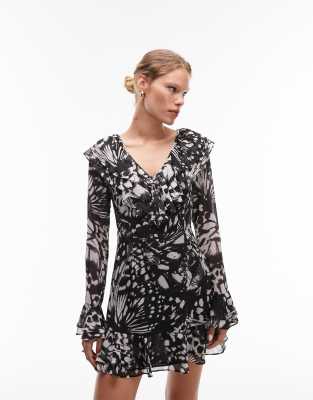 Topshop - Mini-Freizeitkleid in Schwarz-Weiß mit Rüschen, V-Ausschnitt und Animalprint-Bunt