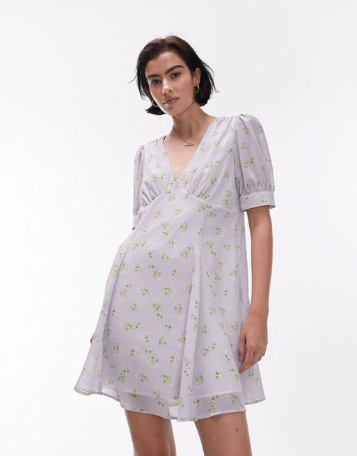 Topshop – Mini-Freizeitkleid in verwaschenem Blau mit U-Ausschnitt und Vintage-Blumenmuster