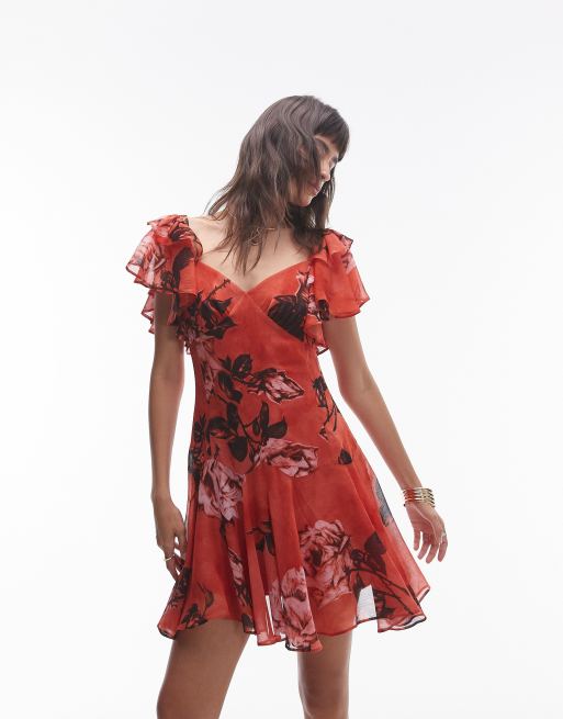 Topshop – Mini-Freizeitkleid mit Rosenprint und Rüschen