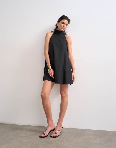 Topshop Mini-Hängerkleid mit hohem Kragen aus Leinenmix in Schwarz - view 1