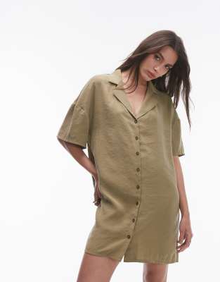 Topshop - Mini-Hemdblusenkleid in Khaki mit Knopfleiste-Blau