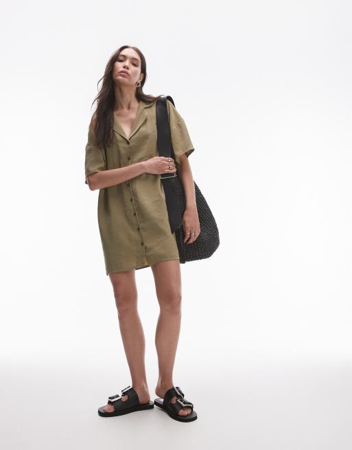 Topshop – Mini-Hemdblusenkleid in Khaki mit Knopfleiste, 2 von 4
