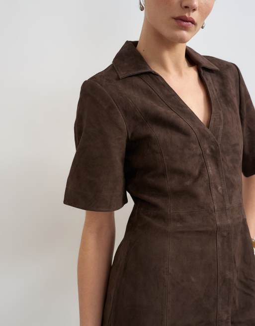 Topshop – Mini-Hemdkleid aus echtem Wildleder in Braun mit offenem Kragen, 2 von 4