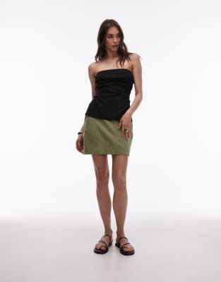 Mini-jupe d'ensemble ultra-courte à taille mi-haute en daim véritable - Kaki-Vert 40