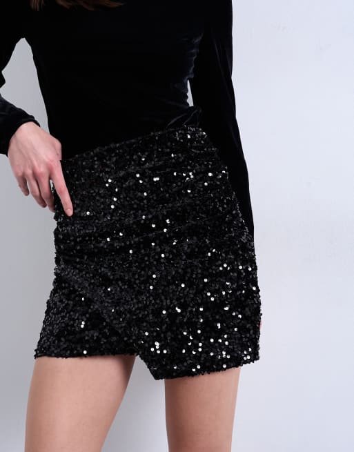 Topshop - Mini-jupe drapée à sequins en velours - Noir, 3 de 5